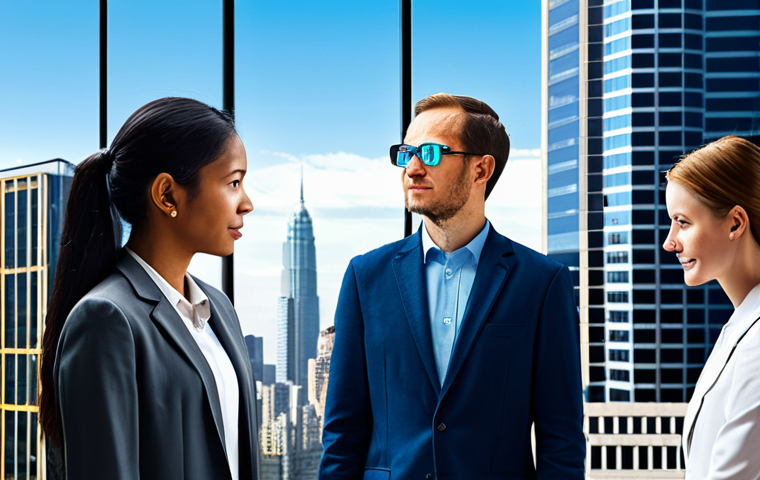 A diverse group of adults, representing various socio-economic backgrounds, looks towards a shimmering, advanced technological interface that symbolizes cognitive augmentation. Some individuals appear to interact with the technology easily, while others stand slightly apart, seeming to struggle with access or comprehension. All subjects are fully clothed in modest and appropriate attire, with professional dress for those engaging with the technology seamlessly, and practical, clean attire for others, reflecting a range of everyday working roles. The background features a cityscape blending modern, gleaming skyscrapers with more traditional buildings in the foreground, suggesting a societal contrast under a clear blue sky. The scene is brightly lit, conveying a hopeful yet realistic atmosphere of technological disparity. safe for work, appropriate content, fully clothed, professional, perfect anatomy, correct proportions, natural pose, well-formed hands, proper finger count, natural body proportions, professional photography, high quality, sharp focus, vibrant colors.
