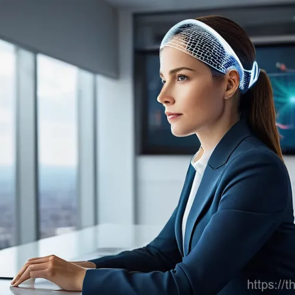 인지능력 증강 기술의 진화 방향 - **Prompt 1: Enhanced Cognition at Work**
A highly focused businesswoman in her late 20s or early...