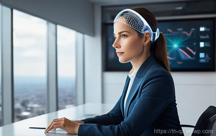 인지능력 증강 기술의 진화 방향 - **Prompt 1: Enhanced Cognition at Work**
    A highly focused businesswoman in her late 20s or early...