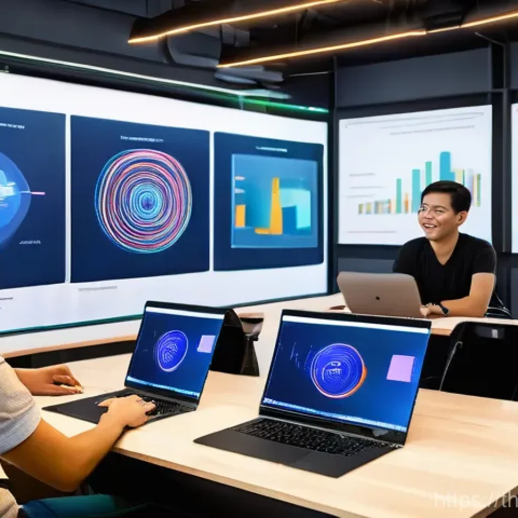 인지능력 증강 기술의 경제적 영향 분석 - A vibrant, bustling modern co-working space in Bangkok. A diverse group of young Thai professionals,...