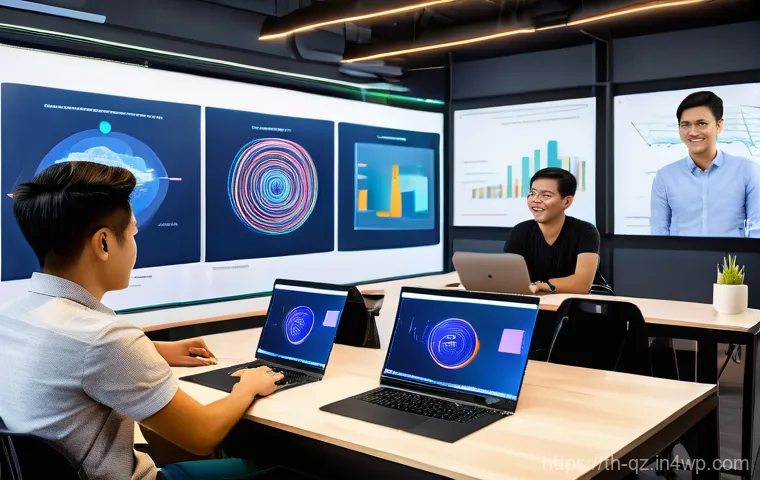 인지능력 증강 기술의 경제적 영향 분석 - A vibrant, bustling modern co-working space in Bangkok. A diverse group of young Thai professionals,...