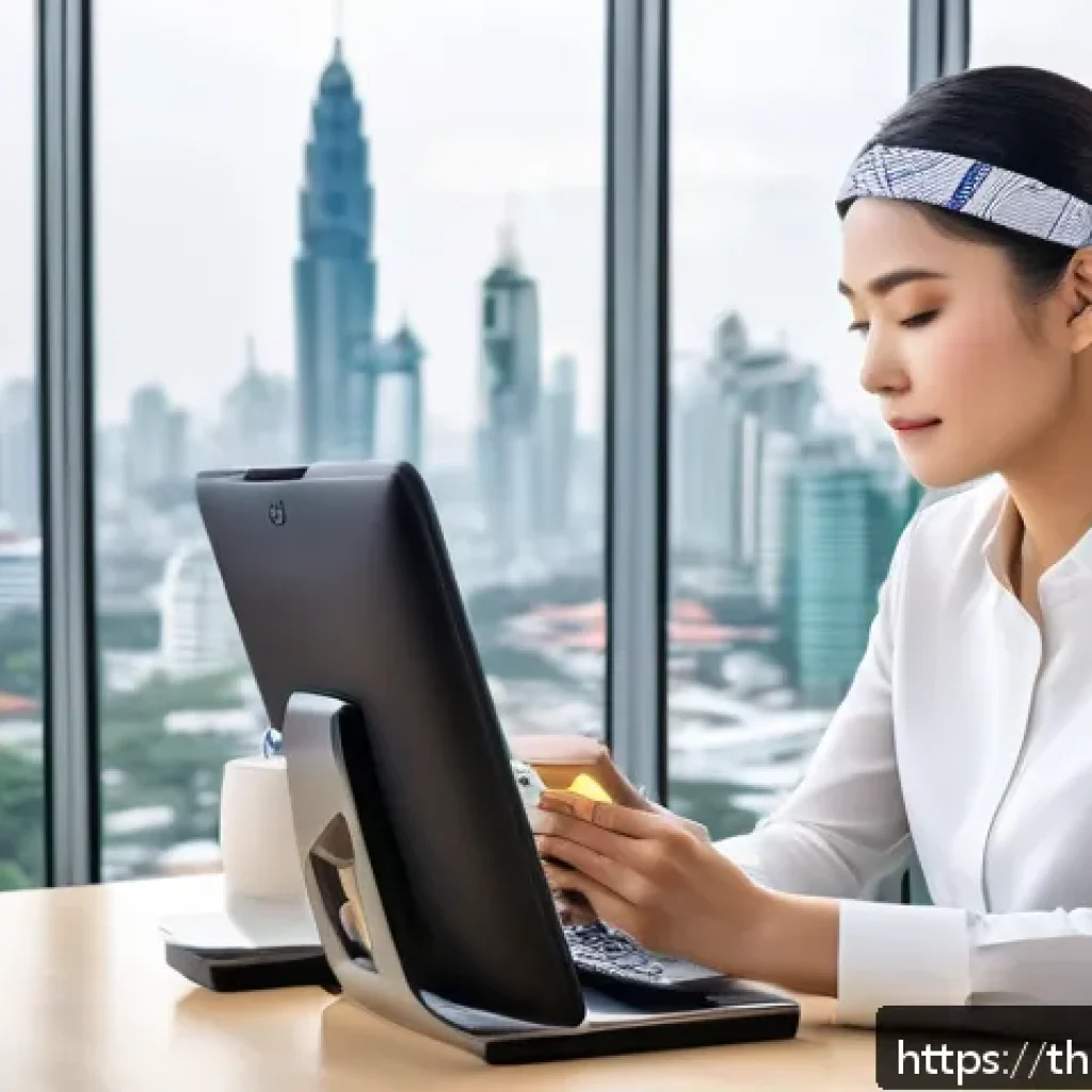 인지능력 증강 기술의 글로벌 이슈 - A modern Thai office worker using a sleek wearable EEG headband in a bright, airy workspace with lar...