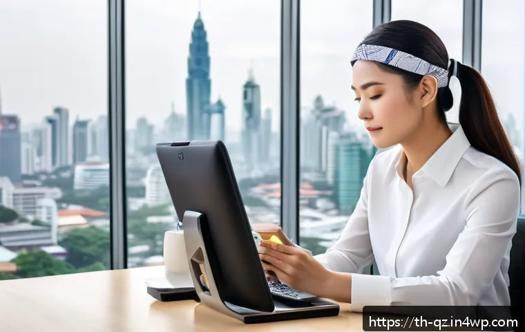 인지능력 증강 기술의 글로벌 이슈 - A modern Thai office worker using a sleek wearable EEG headband in a bright, airy workspace with lar...